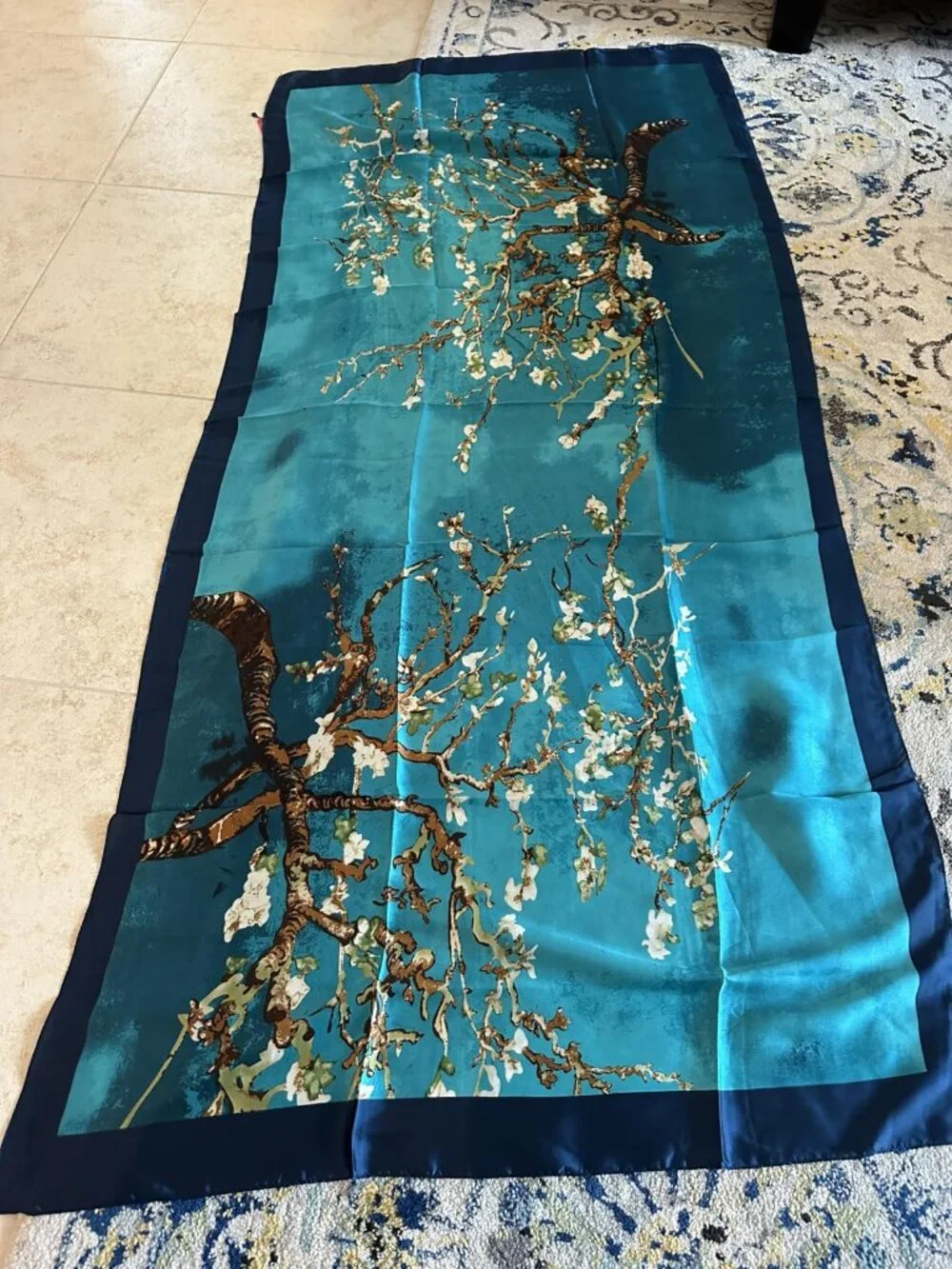 Blue Large Silk Feeling Scarf-Women's Fashion Long Mulberry Silk Satin Neck